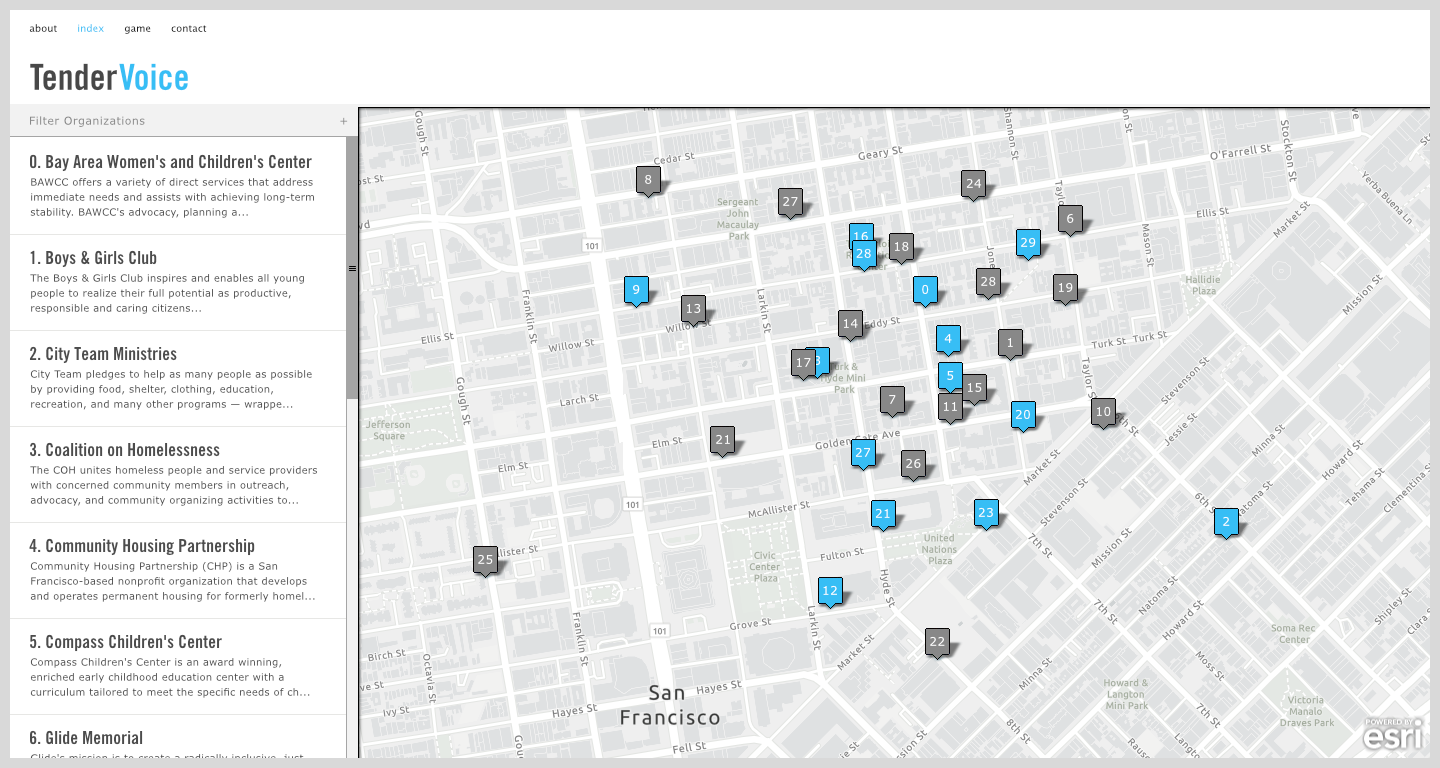 TenderVoice, a website indexing local resources, home page of the Tenderloing Tech Lab.